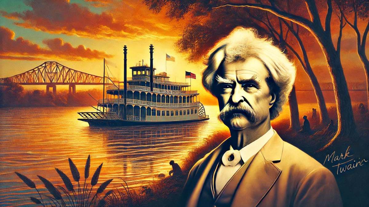 An artistic depiction of Mark Twain standing in the foreground with a thoughtful expression, set against the backdrop of a classic riverboat on the Mississippi River at sunset.