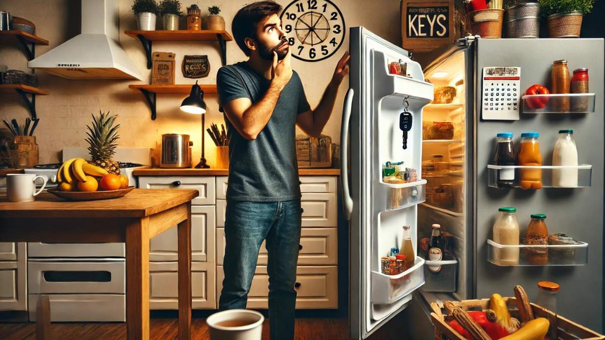 A lighthearted image of a person staring in amazement at their keys placed inside a fridge, conveying the humor of everyday forgetfulness in a cozy kitchen setting.